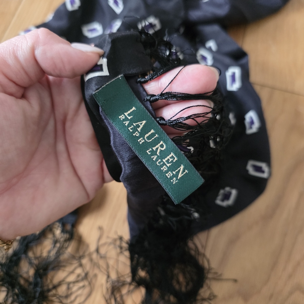 Ralph Lauren Black Purple Silk Scarf with White Print Fringe - Picture 5 of 8